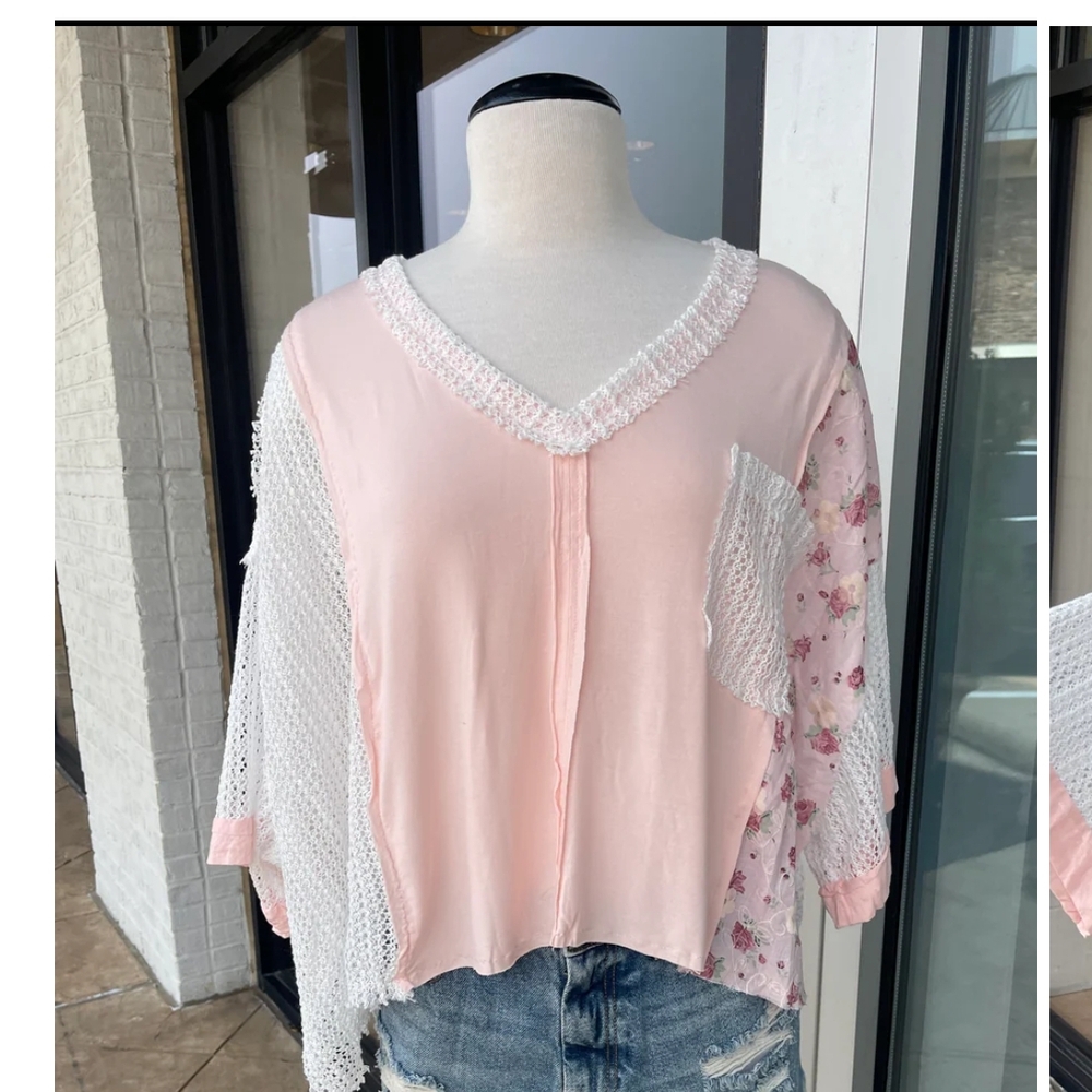 POL Women's Pink and Cream Patchwork Blouse Size Medium NWOT